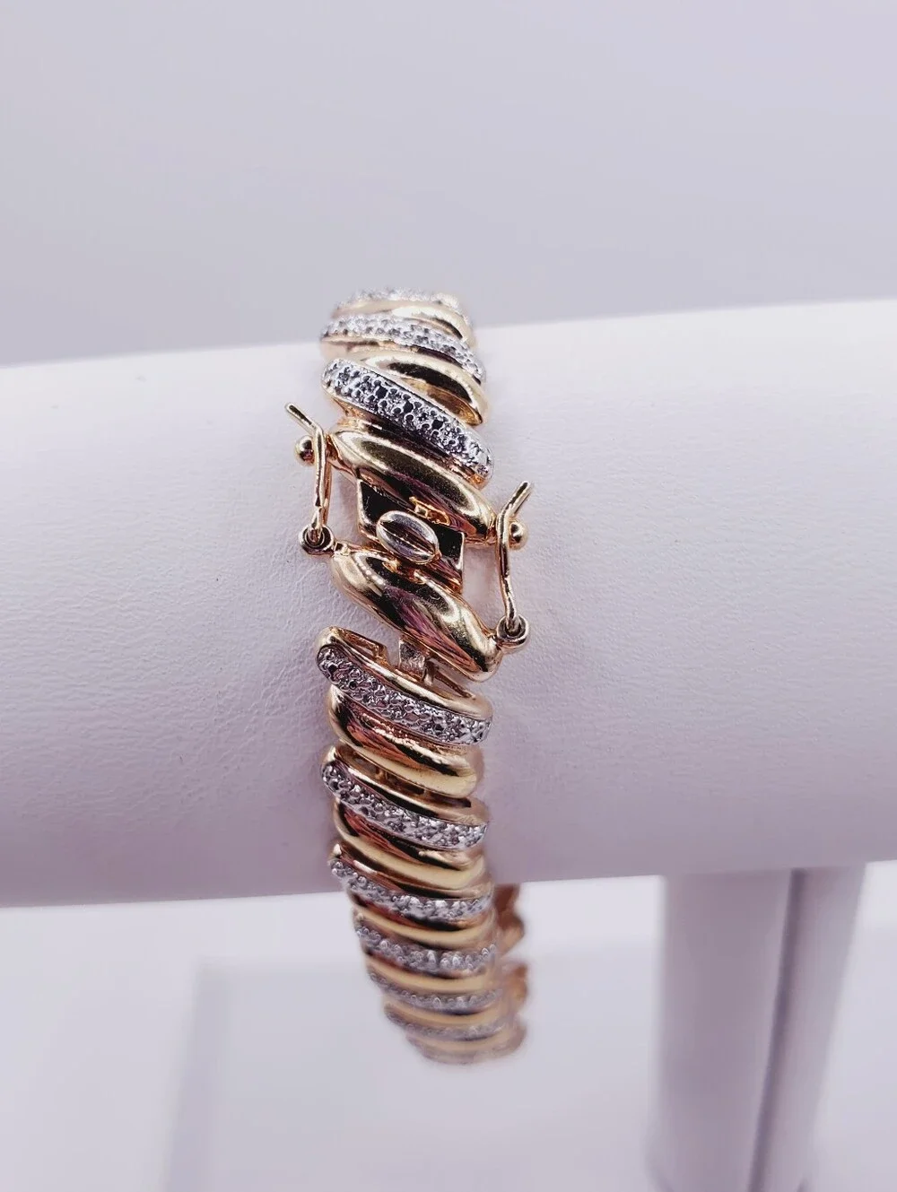 Genuine Diamond Yellow Gold and 925 Silver Twisted Pave Bracelet